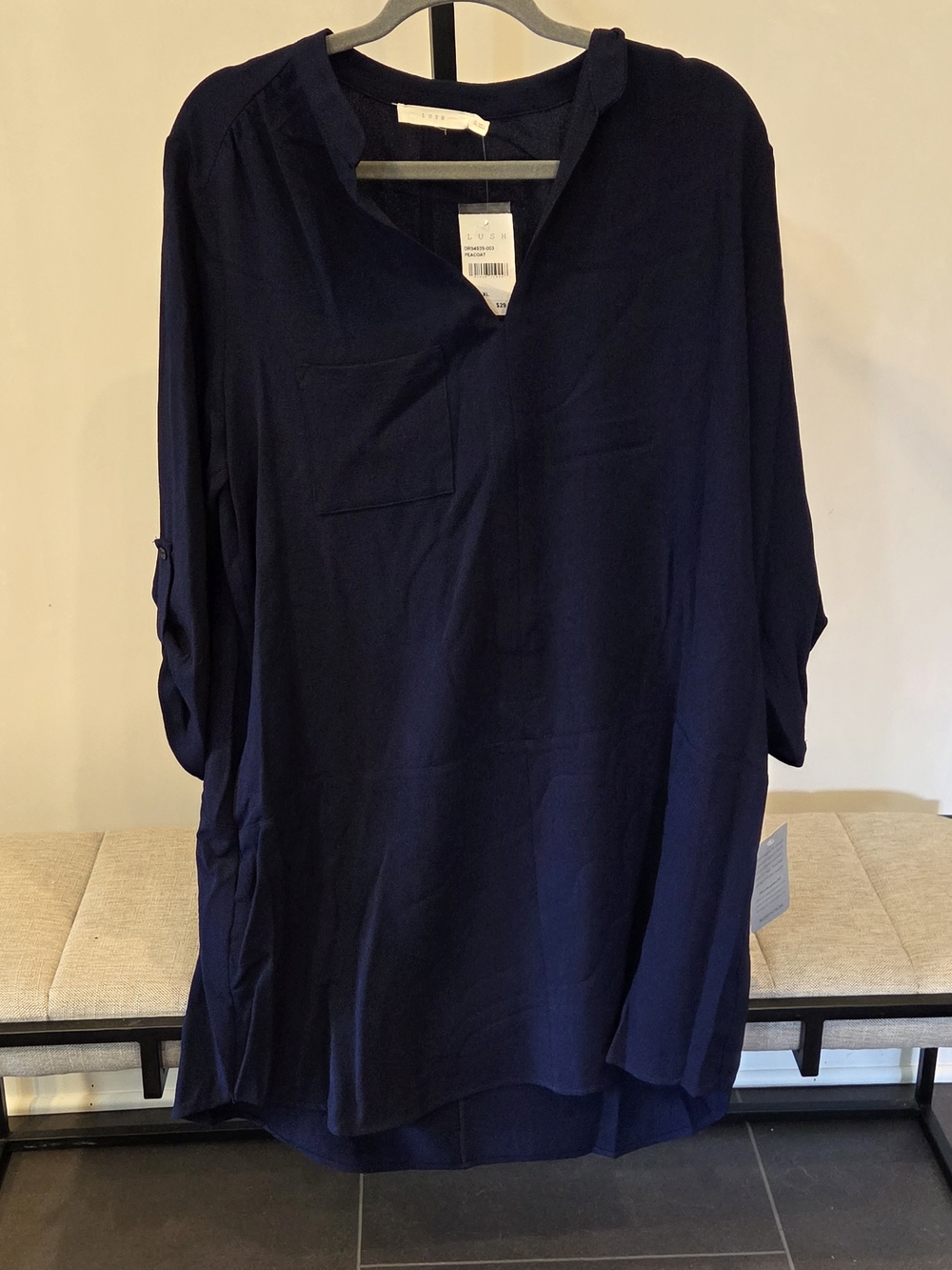 Lush Navy Roll-Tab Tunic with Chest Pocket